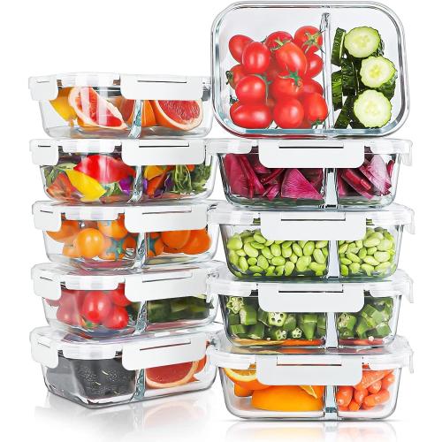 10 Packs 30oz Glass Meal Prep Containers 2 Compartments,Glass Food Storage Containers with Lids,Airtight Lunch Bento Boxes,Oven,Freezer and Dishwasher Safe, White