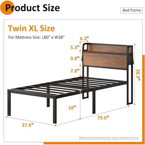 Maenizi 16 Inch Twin XL Bed Frames with Wood Headboard, Storage Bed Frame Twin XL No Box Spring Needed, Noise Free, Mahogany