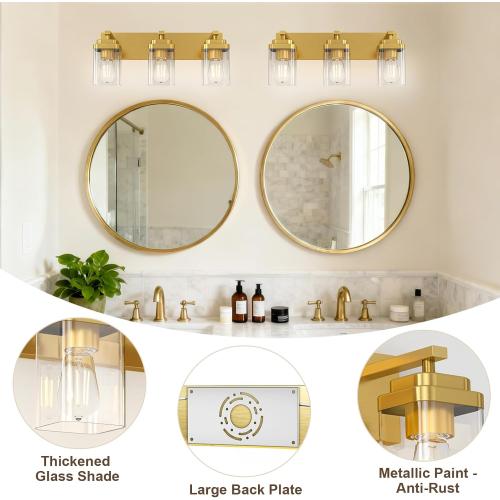 Brushed black Bathroom Light Fixtures, 3 Lights Bathroom Lighting Fixtures Over Mirror, Square Design & Rectangle Large Backplate, Modern Vanity Lighting Fixtures, for Living Room/Bedroom