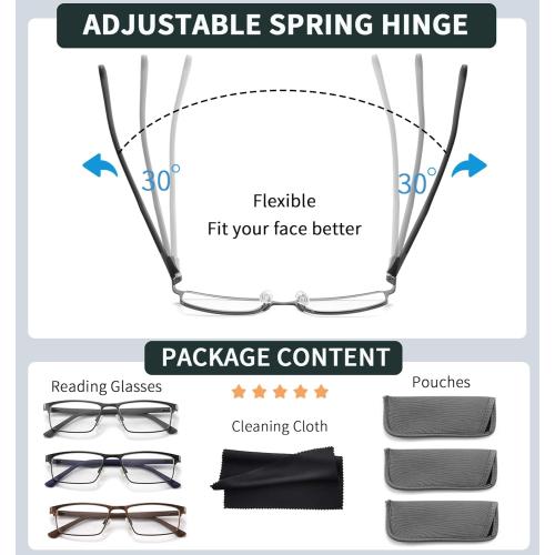 3 Pack Reading Glasses 1.5 Men Blue Light Blocking, Readers Men with Spring Hinge Reduce Eyestrain/UV/Dryness, Mens Reading Glasses 1.5