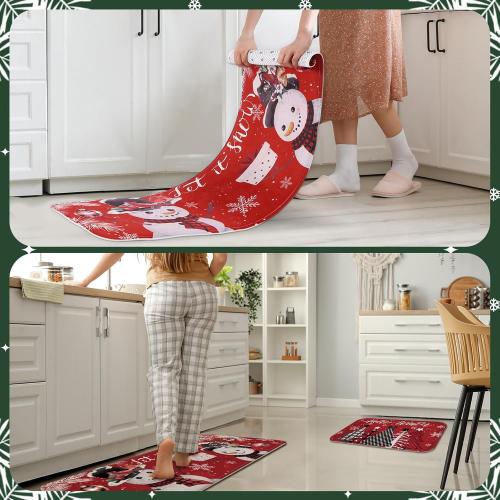 2 Pcs Christmas Snowman and Tree Kitchen Rugs and Mats Merry Christmas Kitchen Rugs Winter Xmas Floor Mats for Holiday Outdoor Home Farmhouse Decorations, 17x47 and 17x29 Inch