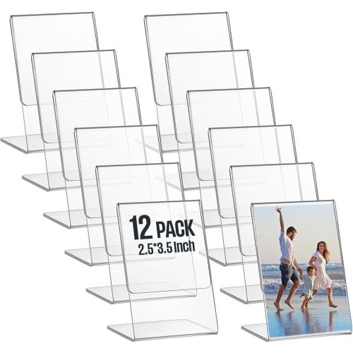 Ctosree 12 Pcs Acrylic Photo Frame L shape Slant Back Desktop Photo Frames Plastic Clear Sign Clear Acrylic Display Stand Table Top Sign for Home Office Wedding Restaurant Menu (2.5 x 3.5 Inch)