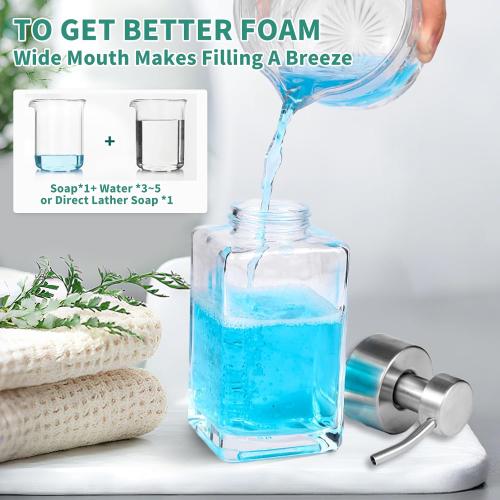 Foaming Soap Dispenser, 12oz/350ml Glass Foaming Hand Soap Dispenser Set,Refillable Foam Dispenser with Foaming Pump, Labels, Square Hand Dispenser for Bathroom, Kitchen 1 Pack