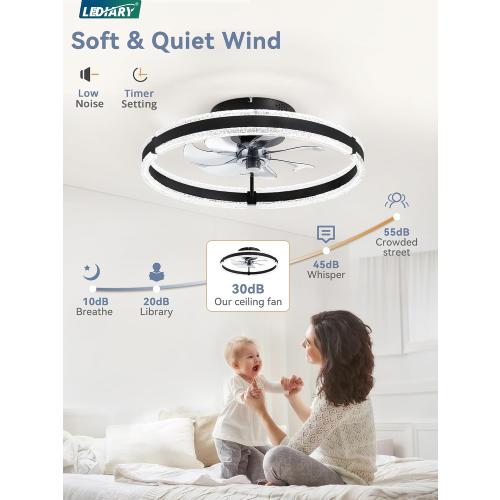 LEDIARY Ceiling Fans with Lights and Remote, 20'' Low Profile Ceiling Fan with Light, 3000-6000K Dimmable Fandelier Ceiling Fans, Modern Flush Mount Fan Light for Bedroom with 6 Wind Speeds- Black