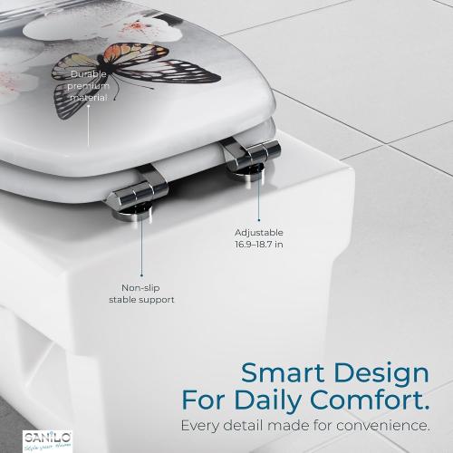 SANILO Wooden Toilet Seat with Soft Close [ELONGATED] - Decorative, Quiet & Slow Close Molded Wood Seat - With Strong Bumpers & Hinges - Adjustable Fit - Vanesa