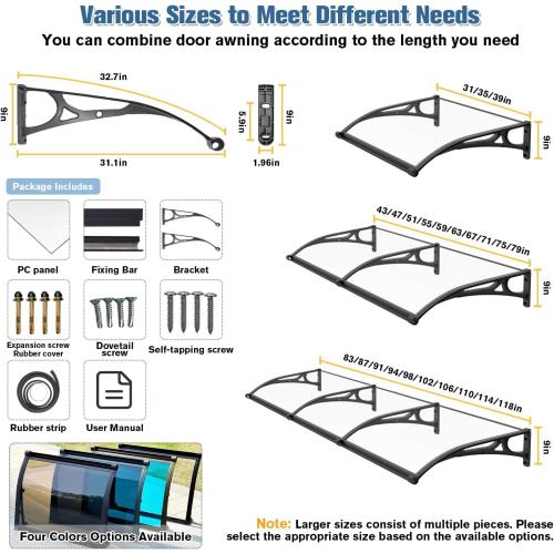 Awning for Door Entrance, Window Awnings Exterior with Aluminum Bracket Polycarbonate Board, Patio Balcony Porch, Uv Rain Snow Protection, with Drainage Channels, Gray 80x100cm/31 x39