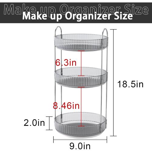 Rotating Makeup Organizer for Vanity, Large Capacity Skincare Perfume Storage, Bathroom Counter Organizer, 360 Spinning Cosmetic Dresser Countertop Organizers (Gray, 3 Tier)