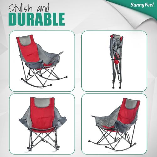 SUNNYFEEL Oversized Folding Rocking Camping Chair for Adults, 500lbs Red | Heavy Duty Outdoor Rocker Camping Chairs, High Back Padded Lawn Recliner with Side Pocket & Carry Bag