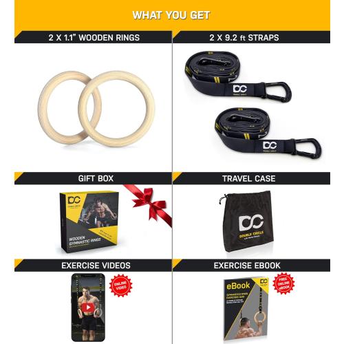 Double Circle Wood Gymnastics Rings with Quick Adjust Numbered Straps and Exercise Videos Guide - Full Body Workout Rings, Calisthenics, Home Gym (Multi-Size)