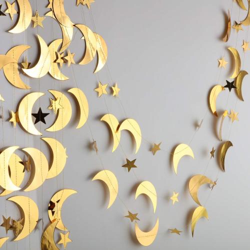 Glitter Star Moon Garland Banner Decor, 130 Feet Star Hanging Bunting Banner Gold Bright Moon Paper Garland Backdrop for Graduation Class Congrats Grad Eid Muburak Party Decoration(Gold)