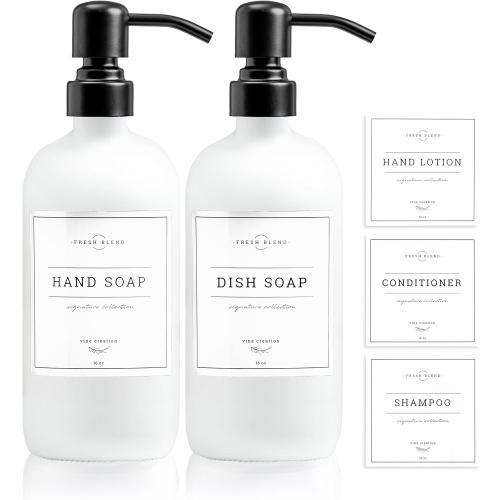 Vine Creations White Glass Soap Dispenser, 2 Pack Kitchen Soap Dispenser Set with Stainless Steel Pump, 16 oz Dish Soap and Hand Soap Dispensers for Bathroom with Waterproof Labels