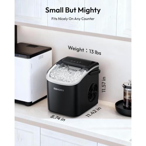 EUHOMY Countertop Ice Maker Machine with Handle, 26lbs in 24Hrs, 9 Ice Cubes Ready in 6 Mins, Auto-Cleaning Portable Ice Maker with Basket and Scoop, for Home/Kitchen/Camping/RV. (Black)