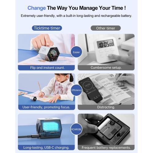 Ticktime T6 Pomodoro Timer Cube for Focus, Study, Work, Task, ADHD, Kitchen