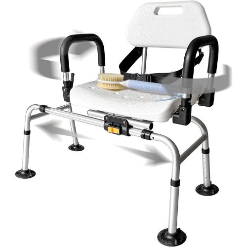 DMI 360 Max Comfort Swivel Shower Chair & Transfer Bench, Extra-Wide 360lb Capacity, Non-Slip & Padded Arms, Bonus Adjustable Back Scrubber