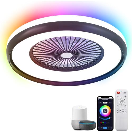 24 Ceiling Fans with Lights, Smart RGB Low Profile Ceiling Fan with Alexa, APP Control, Flush Mount Bladeless Ceiling Fan Dimmable Color Changing LED Ambient Bedroom