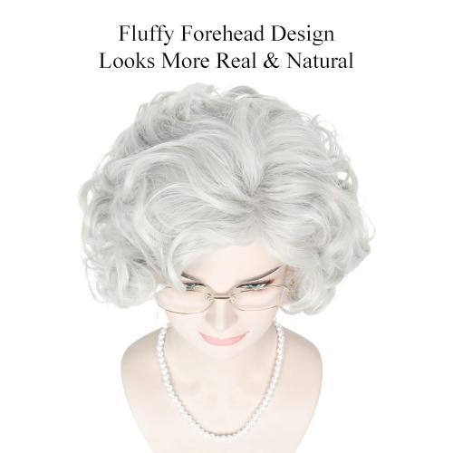 Yan Dream Old Lady Wigs Old Woman Costume Set Silver Grey Grandma Wig Granny Glasses Pearl Necklace for Halloween