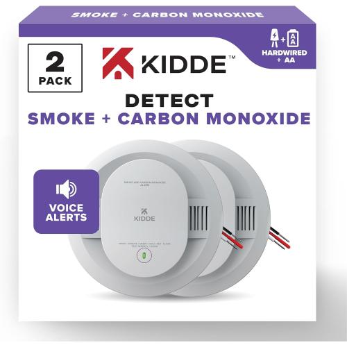 White 2 Pack Kidde Hardwired Smoke & Carbon Monoxide Detector, AA Battery Backup, Voice Alerts, Interconnectable, LED Warning Light Indicators, 2 Pack