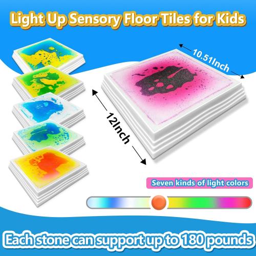 Light Up Sensory Floor Tiles for Kids - 12x12 Inch Liquid Play Mat with 7 Colors Led Lights, Non-Slip Puzzle Play Mat for Home and Classroom, Autism Sensory Toys for Toddlers Ages 3-7 (Pack of 6)