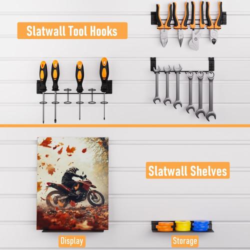INCLY 30PCS Slatwall Accessories Set with Slatwall Baskets, Slatwall Hooks, Slatwall Shelves, Slatwall Bins, Slatwall Cups, Heavy Duty Slat Wall Accessory for Garage Room Shop Organizing Display