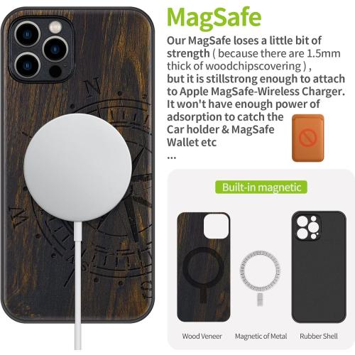 Carveit Magnetic Wood Case for iPhone 12 Pro Max Case [Natural Wood & Black Soft TPU] Shockproof Protective Unique & Classy Wooden Cover Compatible with MagSafe (Vintage Compass-Blackwood)