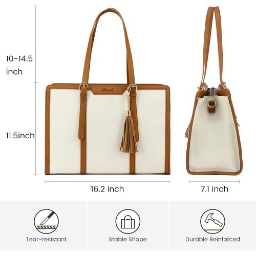 LOVEVOOK Laptop Bag for Women - 15.6 inch Lightweight Canvas Laptop Tote, Large Capacity Computer Bag with Clutch Purse for Business, Work, Travel, School, Casual Beige