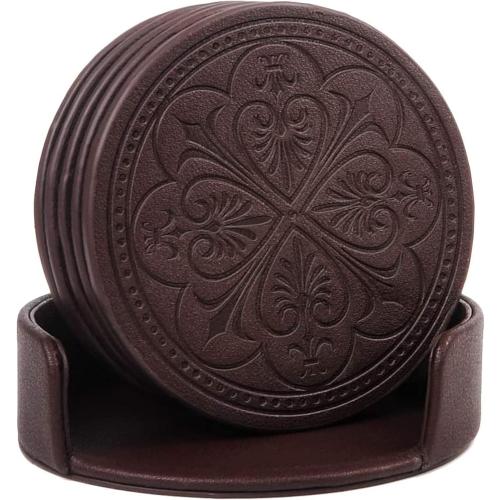 6PACK Drink Coasters,PU Leather Bar Beer Beverage Coaster for Drinks Set of 6 with Holder Coasters for Wooden Table Coffee Table Absorbent, Easy Clean Cup Coaster Easter Housewarming Gifts