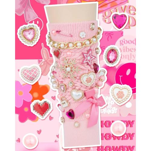 DoDoBeads 87 Pcs Junk Socks Charms Kit, Gold and Pink Charms for Socks, Brooches and Pins for Women, ShoeCharms with Bows, Sneakers DIY Kit with Pearls Rhinestones Chains