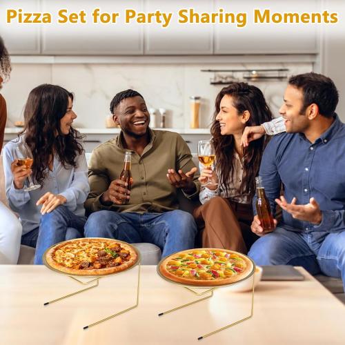 12 Pcs Pizza Pan Riser Stands Sets Includes 4 Metal Pizza Table Stands 4 Pizza Pan and 4 Wood Handle Pie Server, Pizza Rack Stand Pizza Tray for Pizza Dessert Cheese (Gold) ❗MAY HAVE MISSING PIECES❗