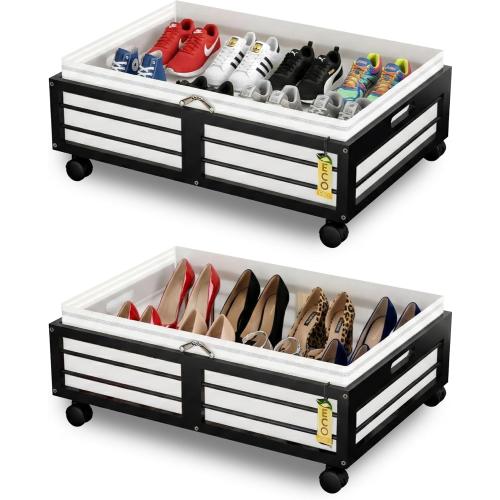 Under Bed Storage Containers with Wheels, Larger Bamboo Wood Under Furniture Storage Containers with Dust Bags，Rolling for Shoes Clothes