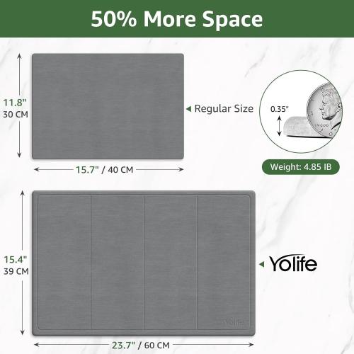 Yolife Extra Large Stone Drying Mat for Kitchen Counter, 23.7 x 15.4 Kitchen Stone Dish Drying Mat, Quick Drying Diatomaceous Earth Dish Drying Mat, Stone Dish Mat with Non Slip Pad (Grey)