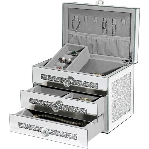 Mirrored Jewelry Box,3-Layer 2 Drawers Glass Jewerly Organizer with Lid,Necklace Ring Earring Storage Boxes,Silver Crushed Diamond Home Decor,Gift Idea
