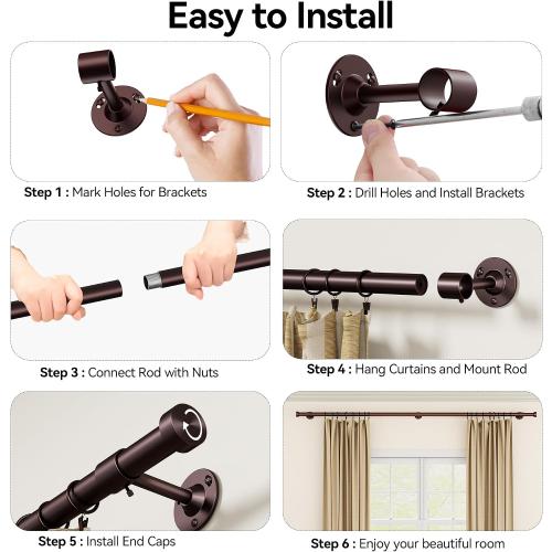 YaFex Heavy Duty Curtain Rods 32-150 Inch, 1 Inch Adjustable Bronze Curtain Rod for Windows, Extra Long Window Treatment Rods with Aluminium Finials, Easy Installation