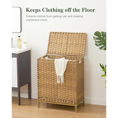 Laundry Hamper with Lid, 112 L Handwoven Rattan Wicker Laundry Basket, 2 Removable Liner Bags Metal Heightened Feet, 6 Mesh Bags, 2 Section Large Clothes Hamper for Bathroom Bedroom, Natural