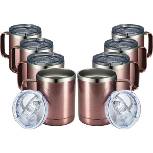 MEWAY 12oz Coffee Mug With Handle 8 Pack Bulk,Stainless Steel Insulated Travel Tumblers With Sliding Lid,Double Wall Vacuum Camping Cup for Hot & Cold Drinks Tea (Rose Gold,Set of 8)