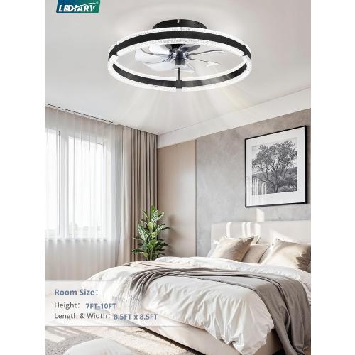 LEDIARY Ceiling Fans with Lights and Remote, 20'' Low Profile Ceiling Fan with Light, 3000-6000K Dimmable Fandelier Ceiling Fans, Modern Flush Mount Fan Light for Bedroom with 6 Wind Speeds- Black