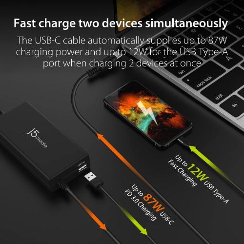 j5create USB Type C PD 100W Fast Charger for MacBook Pro, Chromebook, Laptop, Notebook, Tablet, Android, and iOS Smartphones (JUP2290)