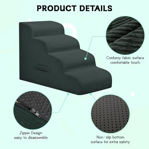 Dark Grey 4 Step Dog Stairs Steps for High Bed, 4 Steps Pet Steps for Small Dogs Non-Slip Removable Washable Cover Ramp for Indoor Outdoor Car Couch Sofa