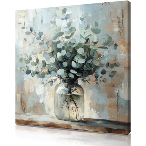 Serene Eucalyptus Wall Art - 12x12 Framed Sage Green Canvas with Mason Jar Botanical Design, Farmhouse Decor for Bathroom, Bedroom & Kitchen - Ready to Hang Calming Nature Print in Earth Tones