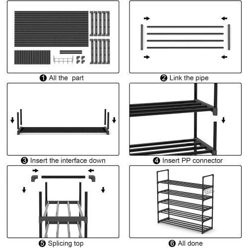 Hsscblet 5 Tiers Metal Shoe Rack,Adjustable Shoe Shelf Storage Organizer with Hooks,Stackable Boot & Shoe Storage,for Entryway,Hallway,Closet,Black