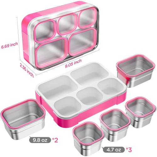 DaCool Stainless Steel Lunch Box Bento for Kids Adults Leakproof BPA-Free Metal Lunch Containers Tray 5-Compartment with Fork for Girls Food Snack Containers for School Outdoors, Pink
