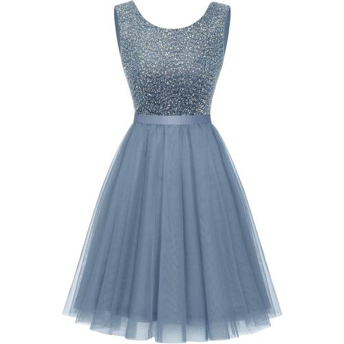 Size S BeryLove Sequin Dress Vintage A Line Wedding Formal Swing Tulle Dress Sleeveless Cocktail Mini Dress