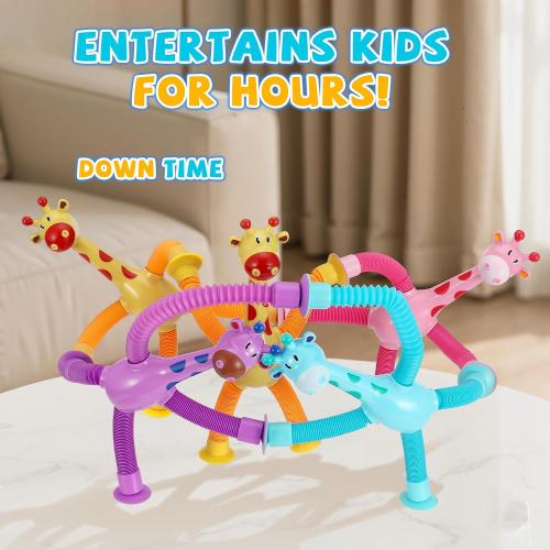 Easter Basket Stuffers for Toddler Kids ,Pop Tubes Giraffe Travel Toys 4Pcs,Airplane Car Travel Activities for Toddlers,Suction Cup ‌Sensory Fidget Toy,Fun Screen-Free Activity for Boy & Girl