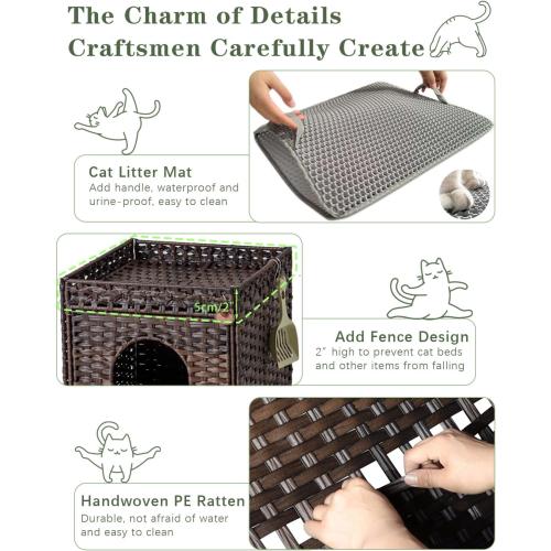 SETVSON Cat Litter Box Enclosure Furniture, Hidden Litter Box with Mat and Fence, Handwoven Rattan Cat House with Two S-Shaped Hooks for Living Room, Bedroom, 18.5 x 20.5 x 19.1 Inches (Brown)