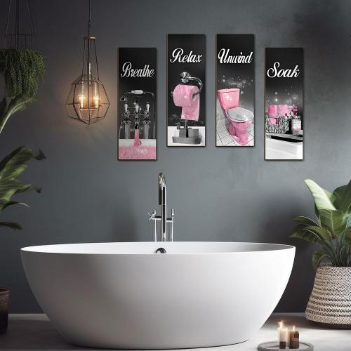 Honoson 4 Pcs Black and Pink Bathroom Decor Bathroom Picture Wall Art