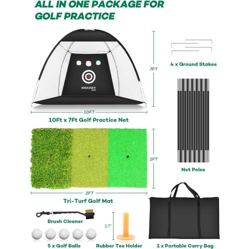 Black 10x7Ft Golf Net with Practice Mat,Golf Hitting Aid Nets 10x7FT for Backyard Driving Chipping Training Swing with Target Mat Balls for Outdoor Indoor,Gifts for Men Dad and Golfer