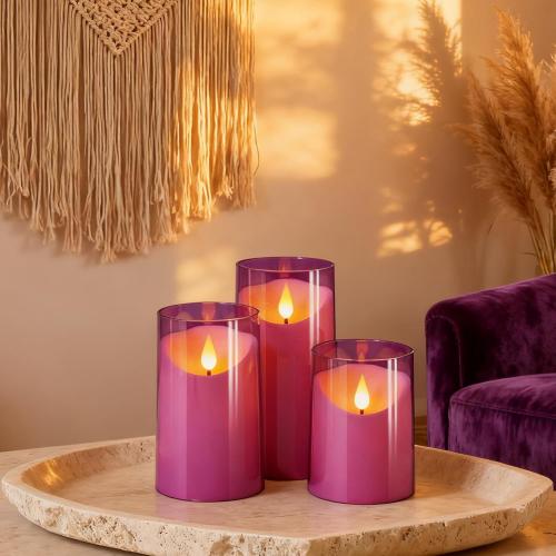 NURADA Flameless Candles: 3D Wick Unbreakable Acrylic Battery Operated LED Pillar Candles - Battery Candles with Remote and Timer for Table Wedding Centerpieces Party Decor 3 Pack Purple