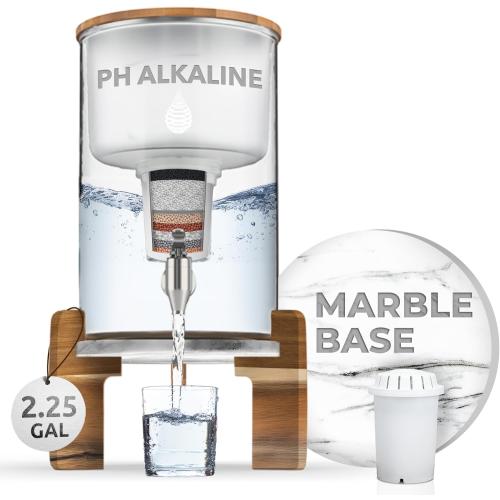 CLEAR AND WOODEN Invigorated Water pH Recharge Alkaline Water Filter Dispenser – BPA-Free Glass Countertop Water Filter Pitcher Purifier for Home & Office, 36-Cup Capacity, 360L Long Filter Life (Acacia/Marble)