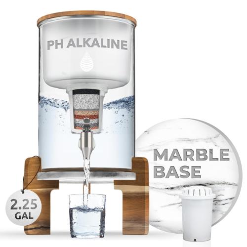Invigorated Water pH Recharge Glass Alkaline Water Dispenser Filter System - Countertop Purifier Pitcher for Home and Office - High pH Pure Drinking Water Filtration - 36 Cups (Acacia Marble Set)