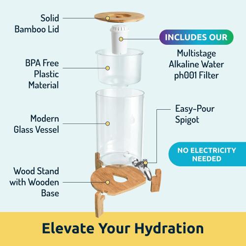 Invigorated Water pH Recharge Glass Alkaline Water Dispenser Filter System - Countertop Purifier Pitcher for Home and Office - High pH Pure Drinking Water Filtration - 36 Cups (Bamboo Classic Set)