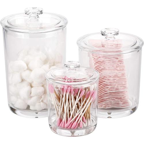 Hipiwe Clear glass Apothecary Jars with Lid, Large Size Bathroom Storage Canister Jar Cotton Ball and Swab Organizer Q-Tips Holder, 60-Ounce, 30-Ounce and 15-Ounce, Set of 3